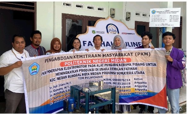 Dosen dan Mahasiswa Teknik Elektro Politeknik Negri Medan Laksanakan PKM Penerapan Elektro Motor Pada Alat Pengiris Keripik Pisang Cemilan Fatihah Kecamatan Medan Sunggal kota Medan